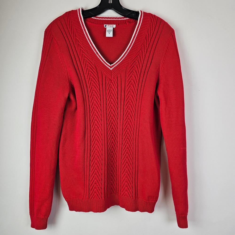 Izod XFG Red V-Neck Cable Knit Cotton Sweater Womens Medium Preppy Long Sleeve